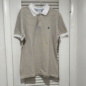 Brooks Brothers Cream and Navy Striped Polo with White Collar
